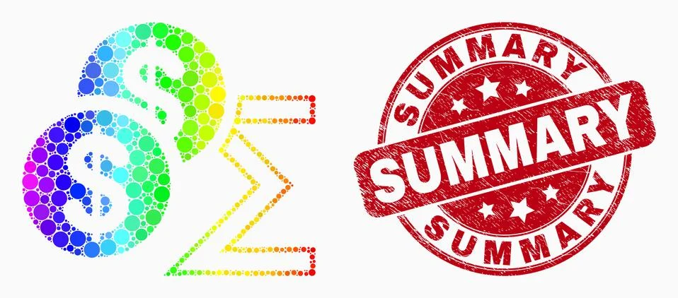 Vector Rainbow Colored Dot Dollar Sum Icon and Distress Summary Watermark Stock Illustration