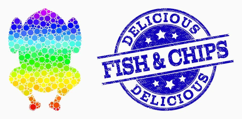 Vector Rainbow Colored Dot Fried Chicken Body Icon and Distress Delicious Fish Illustrazione stock