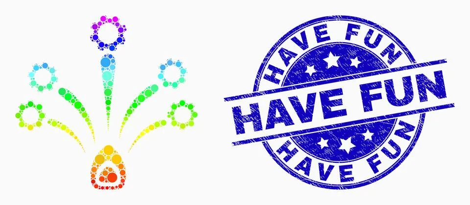 Vector Rainbow Colored Dot Gear Fireworks Icon and Scratched Have Fun Stamp Stock Illustration