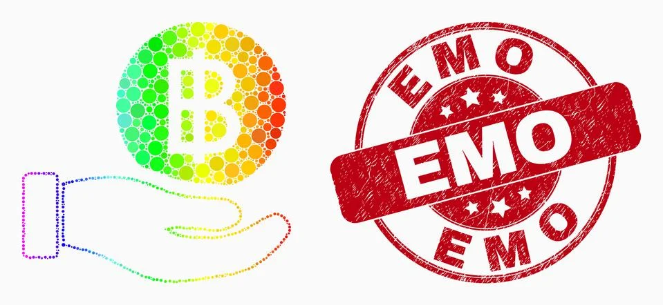 Vector Rainbow Colored Dot Hand Offer Bitcoin Icon and Distress Emo Watermark 스톡 일러스트