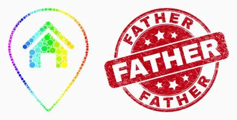 Vector Rainbow Colored Dot House Map Marker Icon and Scratched Father Seal Ilustración de archivo