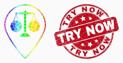 Vector Rainbow Colored Dot Justice Map Marker Icon and Distress Try Now Seal Stock Illustration
