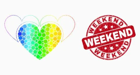Vector Rainbow Colored Dot Love Hearts Icon and Scratched Weekend Stamp Stock Illustration