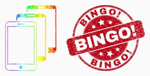 Vector Rainbow Colored Dot Smartphones Icon and Scratched Bingo! Watermark 스톡 일러스트