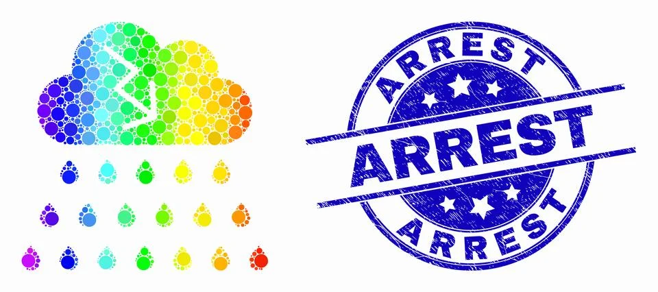 Vector Rainbow Colored Dot Storm Cloud Icon and Scratched Arrest Stamp Stock Illustration
