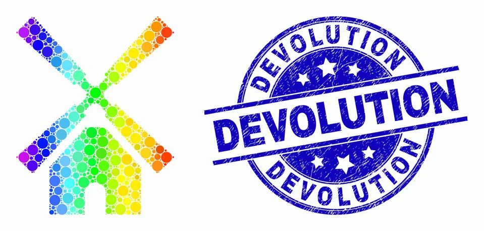 Vector Rainbow Colored Dot Windmill Icon and Grunge Devolution Watermark Stock Illustration