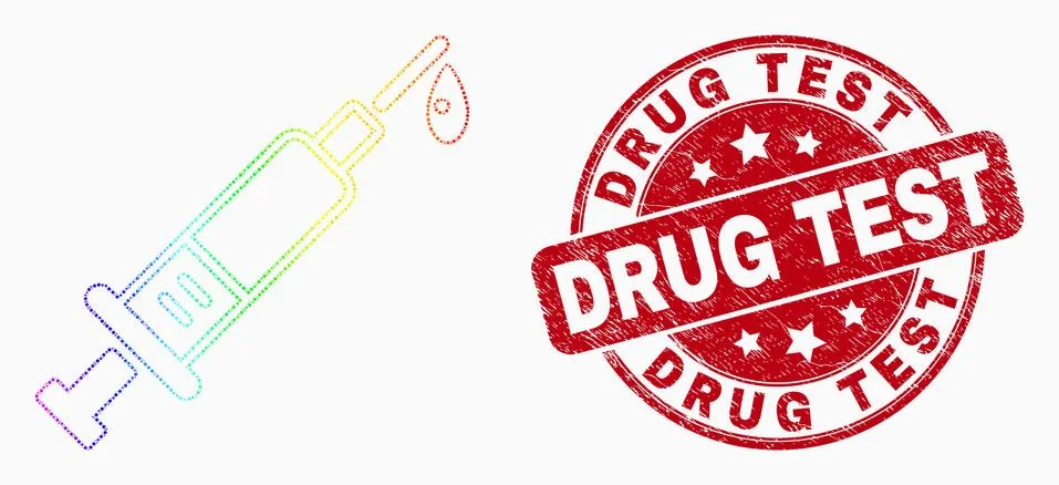 Vector Rainbow Colored Dotted Blood Syringe Icon and Scratched Drug Test Stam Ilustração Stock