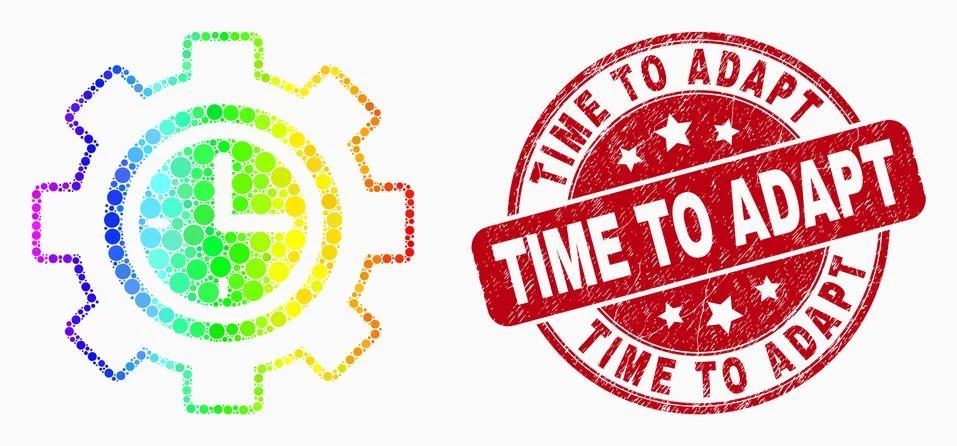 Vector Rainbow Colored Dotted Clock Setup Wheel Icon and Distress Time to Adapt Stock Illustration