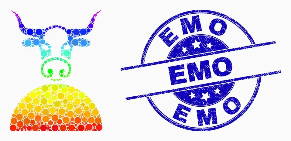 Vector Rainbow Colored Dotted Cow Icon and Grunge Emo Stamp Seal Stock Illustration