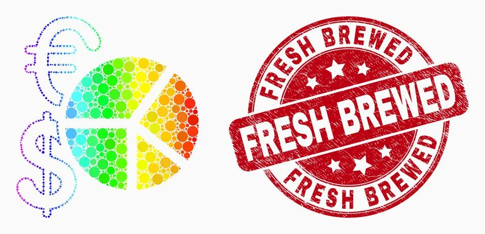 Vector Rainbow Colored Dotted Currency Pie Chart Icon and Grunge Fresh Brewed Stock Illustration