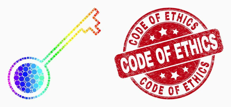 Vector Rainbow Colored Dotted Key Icon and Distress Code of Ethics Stamp Stock Illustration