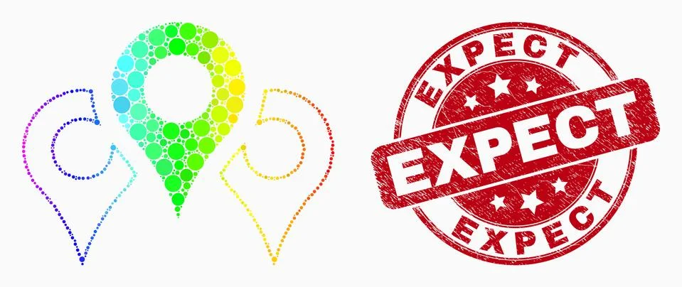 Vector Rainbow Colored Dotted Map Markers Icon and Scratched Expect Stamp Seal Stock Illustration