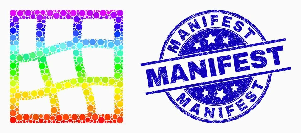 Vector Rainbow Colored Dotted Mesh Grid Icon and Distress Manifest Stamp Seal Stock Illustration