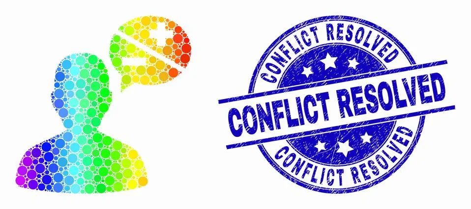 Vector Rainbow Colored Dotted Person Arguments Icon and Grunge Conflict Resolved Stock Illustration