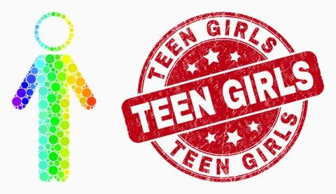 Vector Rainbow Colored Dotted Person Icon and Grunge Teen Girls Stamp Seal Ilustración de archivo