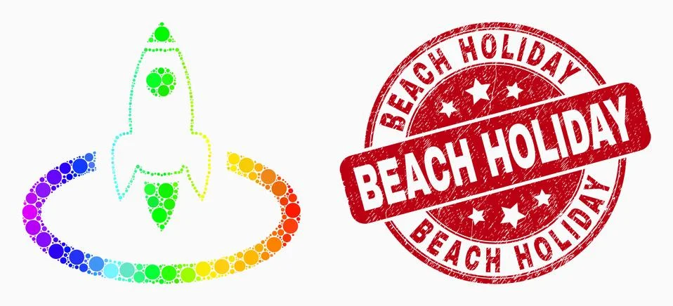 Vector Rainbow Colored Dotted Rocket Start Icon and Distress Beach Holiday Seal Illustrazione stock