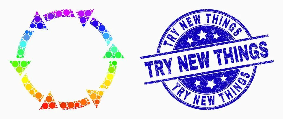 Vector Rainbow Colored Dotted Rotate Arrows Icon and Distress Try New Things Stock Illustration