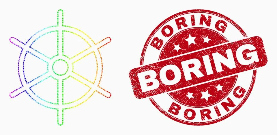 Vector Rainbow Colored Dotted Ship Rule Wheel Icon and Grunge Boring Stamp Seal Stock Illustration