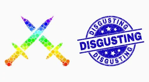 Vector Rainbow Colored Dotted Swords Icon and Grunge Disgusting Seal Ilustración de archivo