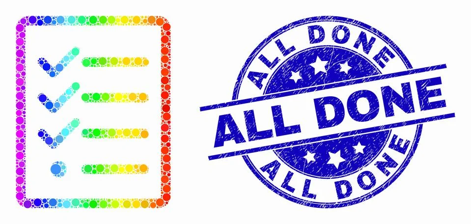Vector Rainbow Colored Dotted Task List Page Icon and Grunge All Done Stamp Illustrazione stock