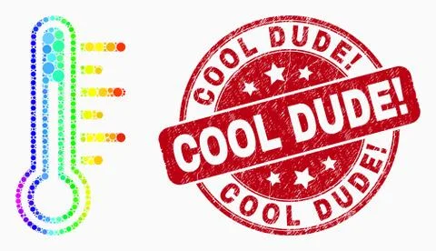 Vector Rainbow Colored Dotted Temperature Icon and Scratched Cool Dude! Stamp Stock-Illustration