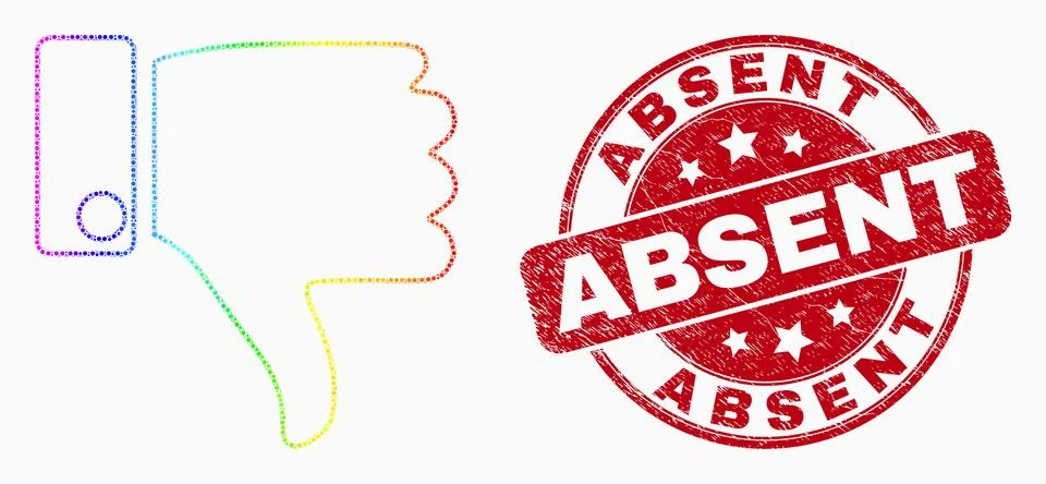 Vector Rainbow Colored Dotted Thumb Down Icon and Grunge Absent Watermark Stock Illustration