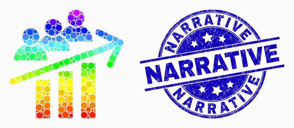 Vector Rainbow Colored Dotted Users Trend Arrow Icon and Grunge Narrative Seal Stock Illustration