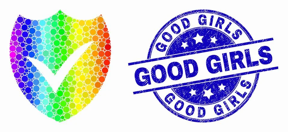 Vector Rainbow Colored Dotted Valid Shield Icon and Distress Good Girls Stamp Stock Illustration