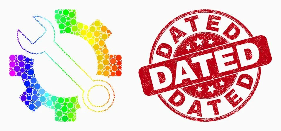 Vector Rainbow Colored Dotted Wrench Tools Icon and Distress Dated Watermark Stock Illustration