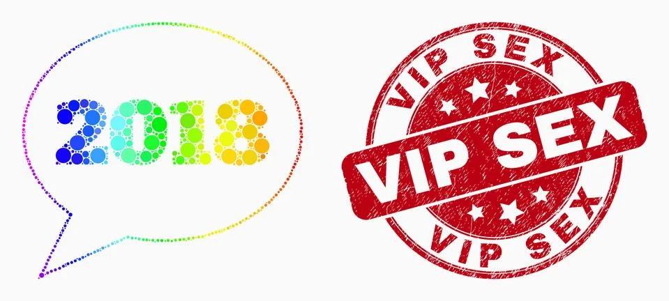 Vector Rainbow Colored Pixel 2018 Message Balloon Icon and Scratched Vip Sex Stock Illustration