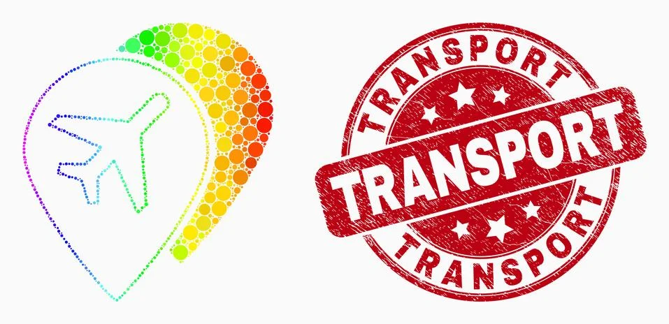 Vector Rainbow Colored Pixel Airport Map Markers Icon and Grunge Transport Stamp Stock Illustration