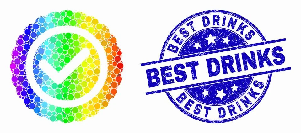 Vector Rainbow Colored Pixel Approve Seal Icon and Distress Best Drinks Stamp Stock Illustration