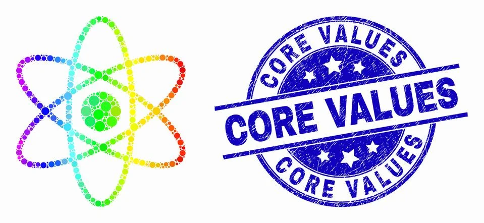 Vector Rainbow Colored Pixel Atom Icon and Distress Core Values Seal イラスト素材