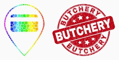 Vector Rainbow Colored Pixel Bank Card Pointer Icon and Scratched Butchery Se Illustrazione stock