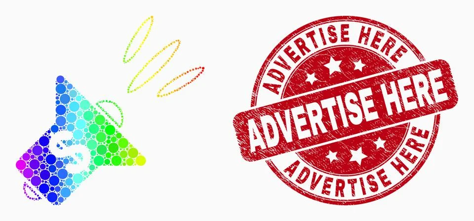 Vector Rainbow Colored Pixel Banking Advertising Megaphone Icon and Scratched Stock Illustration