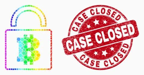 Vector Rainbow Colored Pixel Bitcoin Lock Icon and Scratched Case Closed Seal Stock Illustration