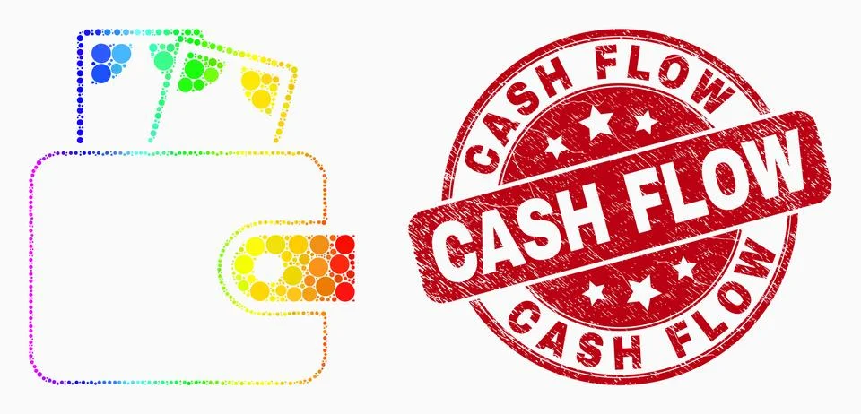 Vector Rainbow Colored Pixel Cash Purse Icon and Grunge Cash Flow Seal Stock Illustration