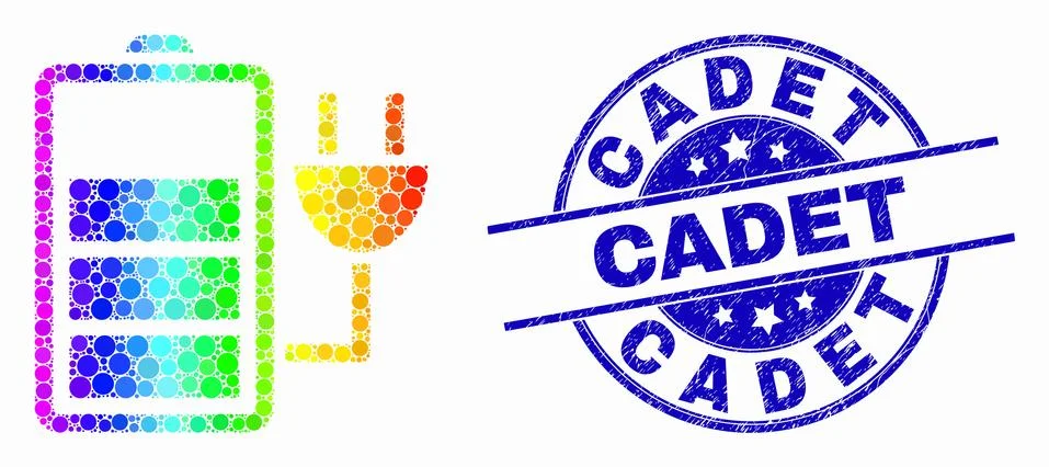 Vector Rainbow Colored Pixel Charge Battery Icon and Grunge Cadet Seal Stock-Illustration