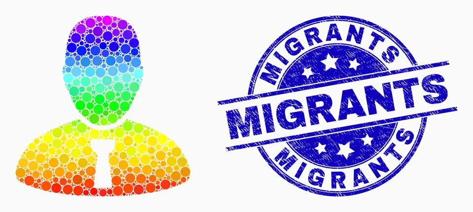 Vector Rainbow Colored Pixel Chief Icon and Grunge Migrants Stamp Stock Illustration