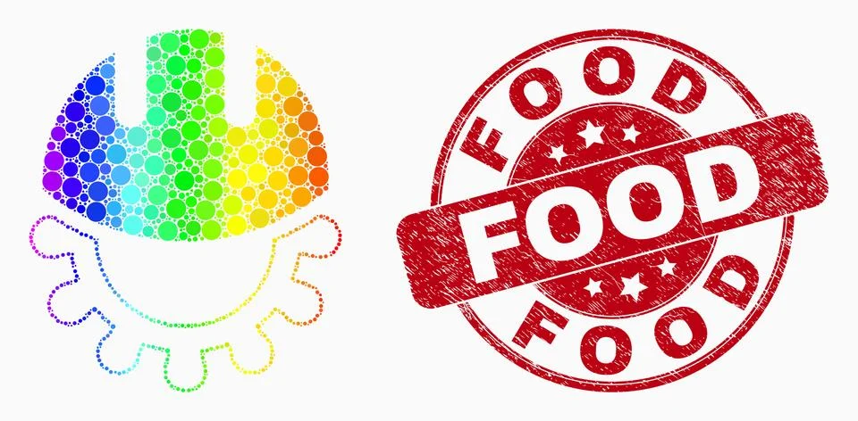Vector Rainbow Colored Pixel Development Helmet Icon and Grunge Food Stamp Se Stockillustratie