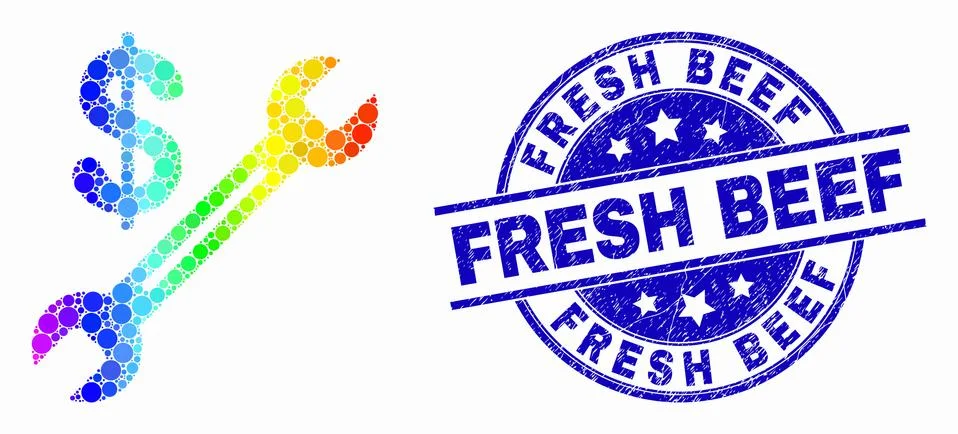 Vector Rainbow Colored Pixel Dollar Wrench Icon and Distress Fresh Beef Stamp Stock Illustration