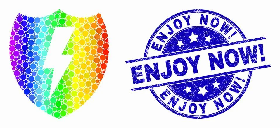 Vector Rainbow Colored Pixel Electric Shield Icon and Grunge Enjoy Now Stock Illustration