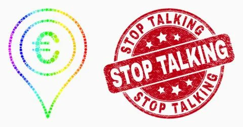 Vector Rainbow Colored Pixel Euro Map Marker Icon and Scratched Stop Talking Stock Illustration