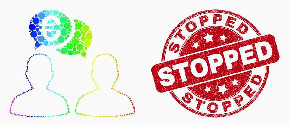 Vector Rainbow Colored Pixel Euro People Chat Icon and Scratched Stopped Stamp Stock Illustration