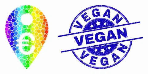 Vector Rainbow Colored Pixel Euro Map Marker Icon and Distress Vegan Seal Stock Illustration