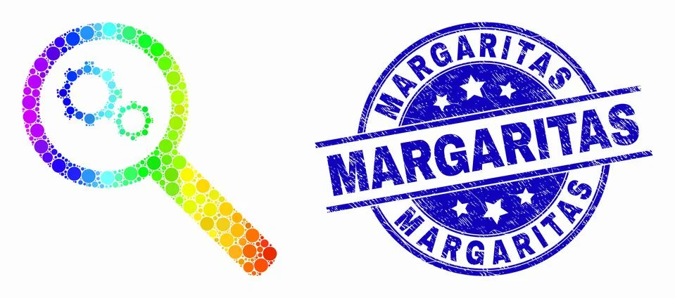 Vector Rainbow Colored Pixel Explore Gears Icon and Grunge Margaritas Seal Stock Illustration