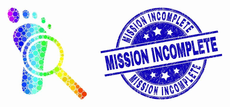 Vector Rainbow Colored Pixel Footprint Audit Magnifier Icon and Scratched Stock Illustration