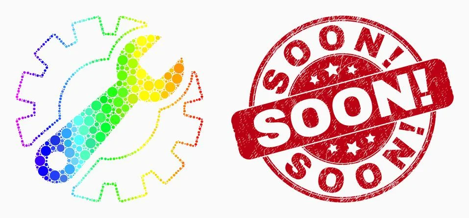 Vector Rainbow Colored Pixel Gear Tools Icon and Distress Soon! Stamp Stock Illustration