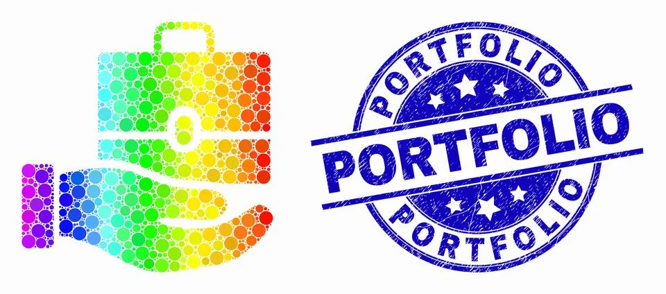 Vector Rainbow Colored Pixel Hand Offer Case Icon and Distress Portfolio Stamp Stock-Illustration