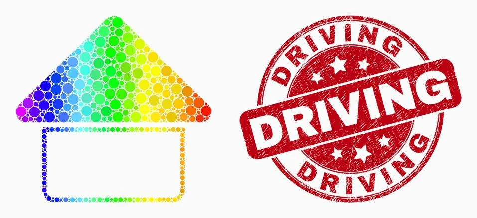 Vector Rainbow Colored Pixel Home Icon and Scratched Driving Watermark Stock Illustration
